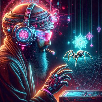 The primary subject of the image is a man wearing headphones and glasses, sitting in front of a computer. He is holding a cell phone and appears to be using it. The setting is a room with a computer desk, and the visual style is digital art. The colors and mood of the image are vibrant and futuristic, with a focus on technology and modern communication.